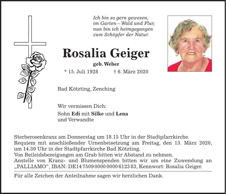 Traueranzeige Rosalia Geiger