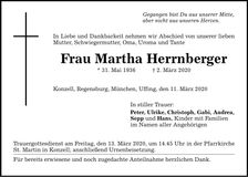 Traueranzeige Martha Herrnberger