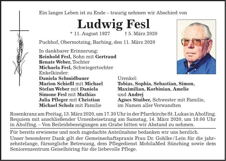Traueranzeige Ludwig Fesl
