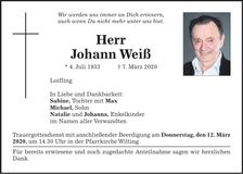 Traueranzeige Johann Weiß