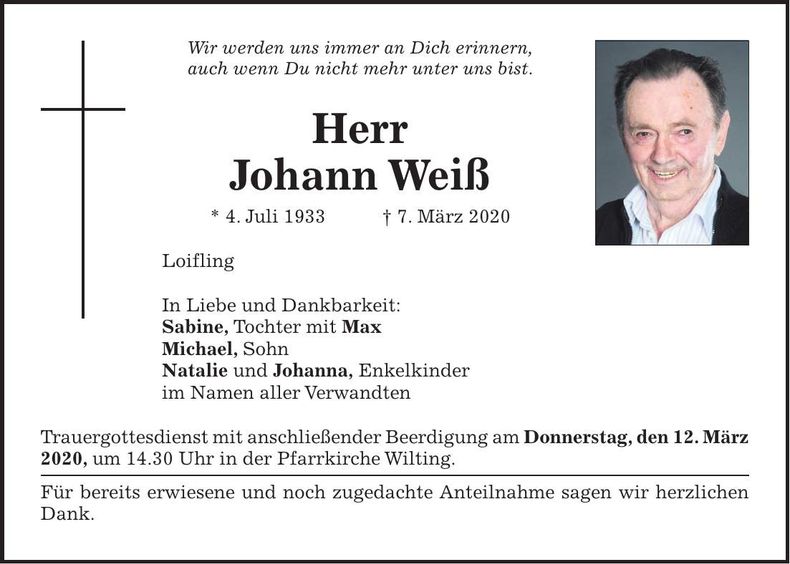 Traueranzeige Johann Weiß