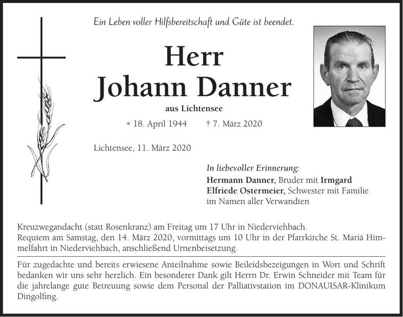Traueranzeige Johann Danner