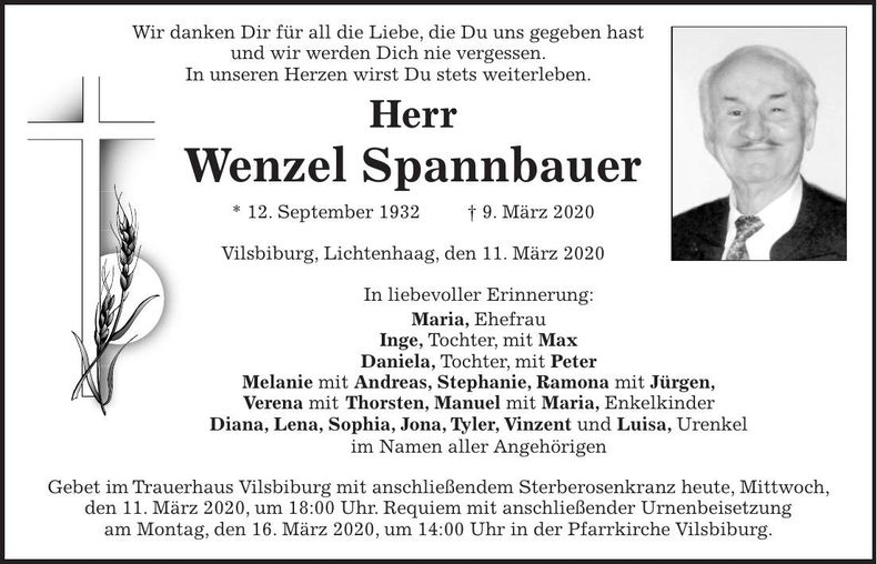 Traueranzeige Wenzel Spannbauer
