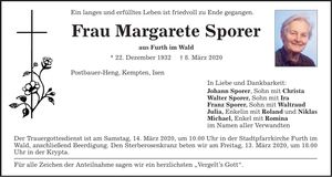 Traueranzeige Margarete Sporer