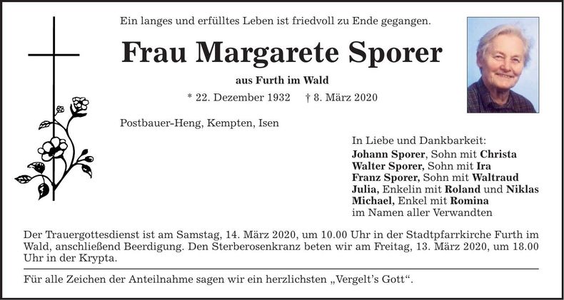 Traueranzeige Margarete Sporer