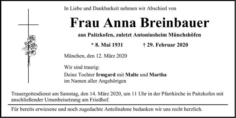Traueranzeige Anna Breinbauer