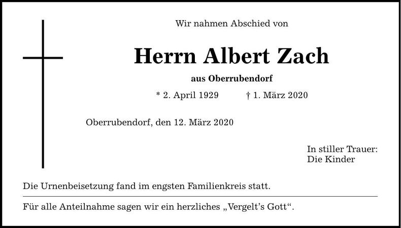 Traueranzeige Albert Zach