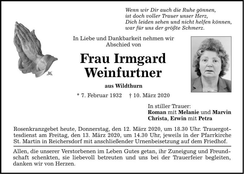 Traueranzeige Irmgard Weinfurtner