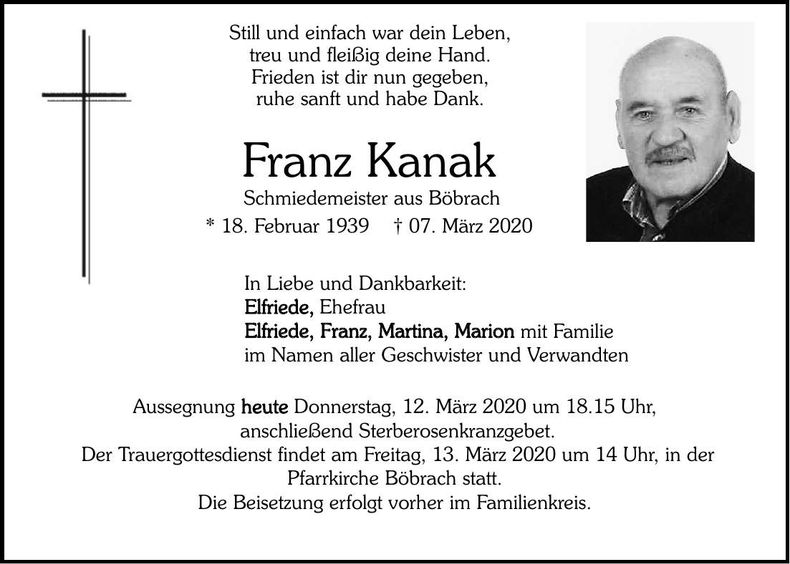 Traueranzeige Franz Kanak