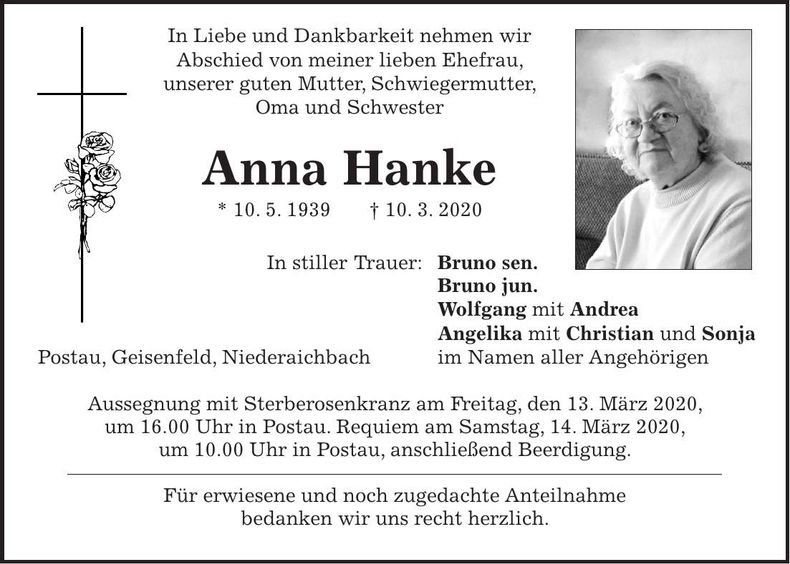 Traueranzeige Anna Hanke