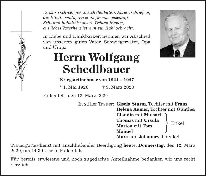 Traueranzeige Wolfgang Schedlbauer