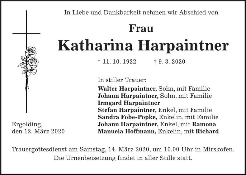 Traueranzeige Katharina Harpaintner