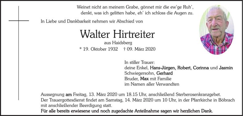Traueranzeige Walter Hirtreiter