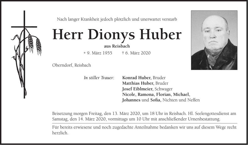 Traueranzeige Dionys Huber