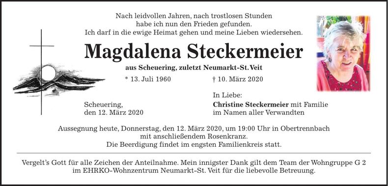 Traueranzeige Magdalena Steckermeier