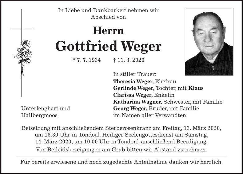 Traueranzeige Gottfried Weger