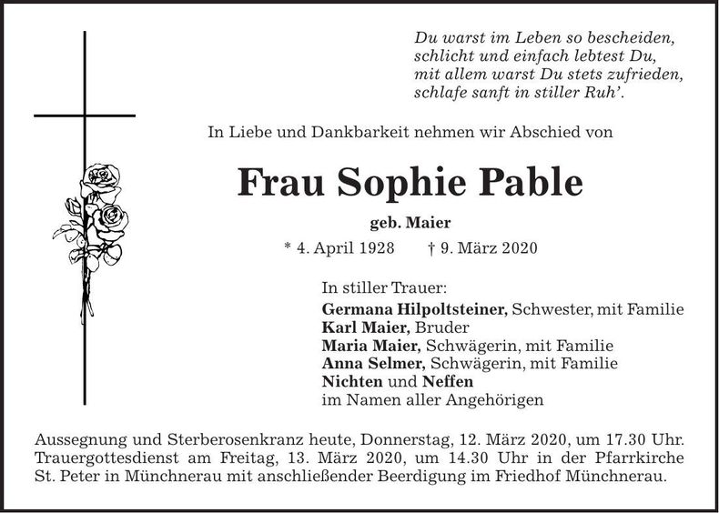 Traueranzeige Sophie Pable