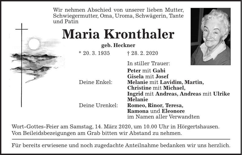 Traueranzeige Maria Kronthaler