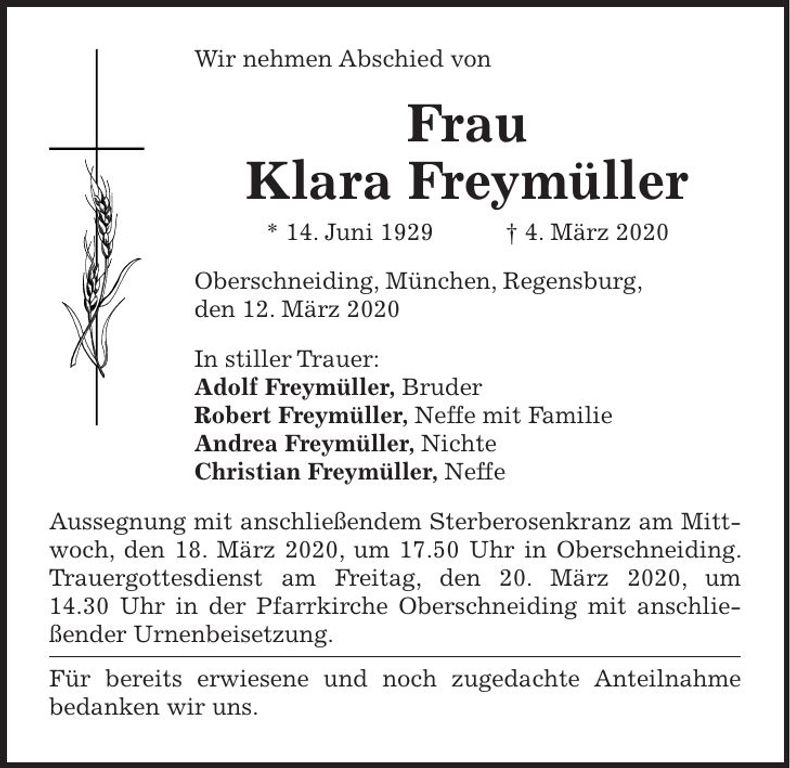 Traueranzeige Klara Freymüller