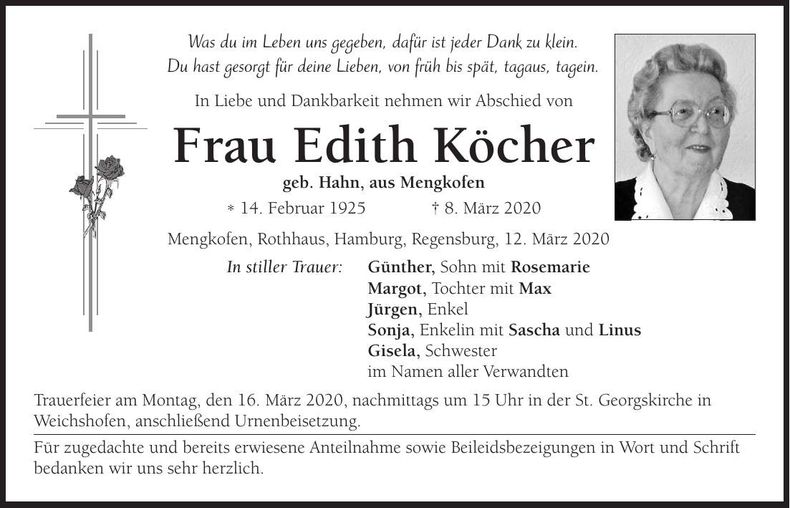 Traueranzeige Edith Köcher