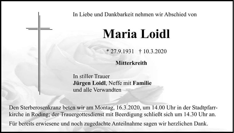 Traueranzeige Maria Loidl