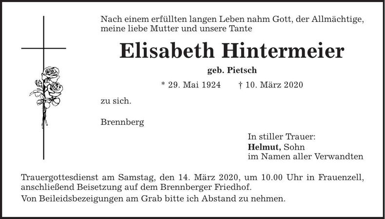 Traueranzeige Elisabeth Hintermeier