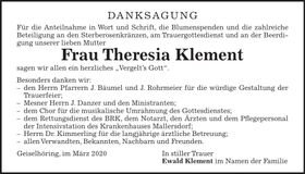 Traueranzeige Theresia Klement