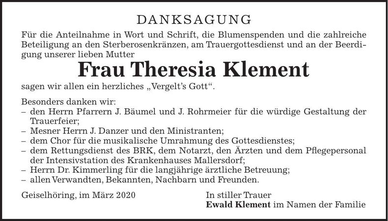 Traueranzeige Theresia Klement