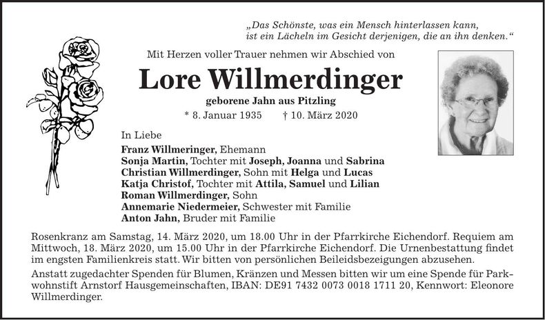 Traueranzeige Lore Willmerdinger