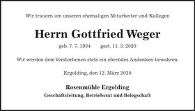 Traueranzeige Gottfried Weger