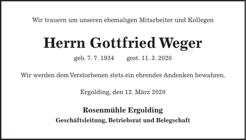 Traueranzeige Gottfried Weger