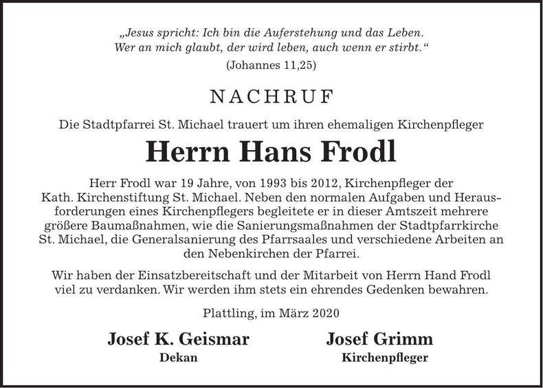 Traueranzeige Hans Frodl