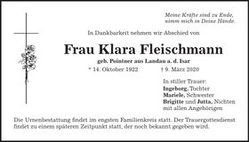 Traueranzeige Klara Fleischmann