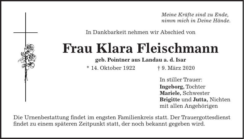 Traueranzeige Klara Fleischmann
