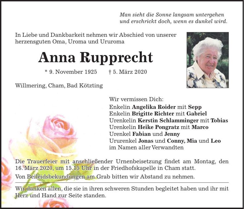 Traueranzeige Anna Rupprecht