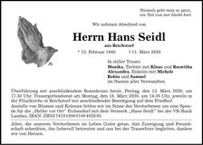 Traueranzeige Hans Seidl