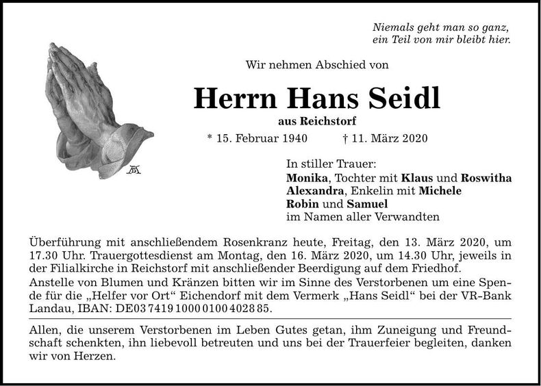 Traueranzeige Hans Seidl