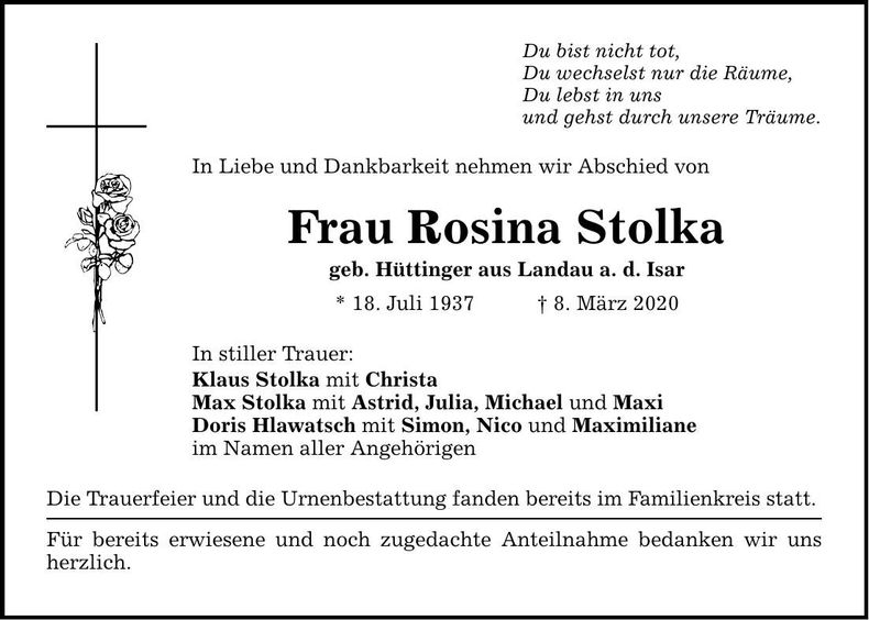Traueranzeige Rosina Stolka