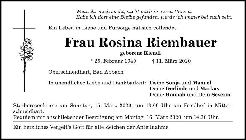 Traueranzeige Rosina Riembauer