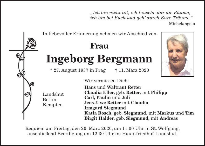 Traueranzeige Ingeborg Bergmann