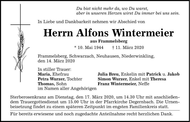 Traueranzeige Alfons Wintermeier