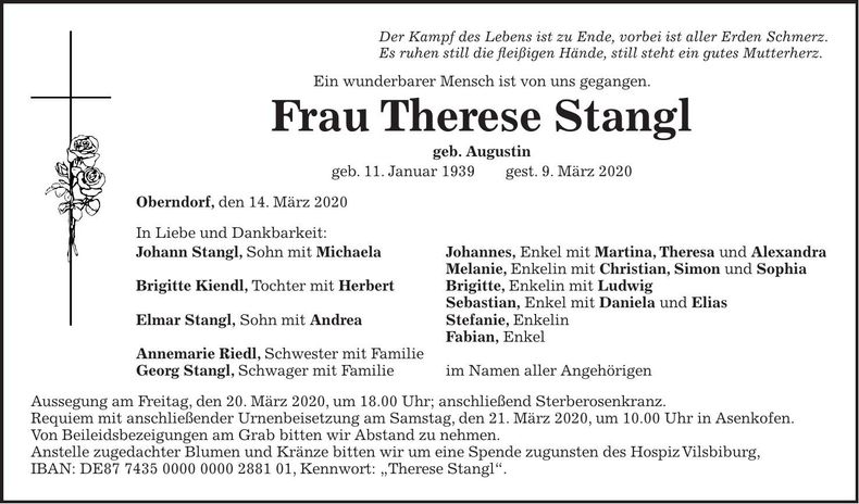 Traueranzeige Therese Stangl
