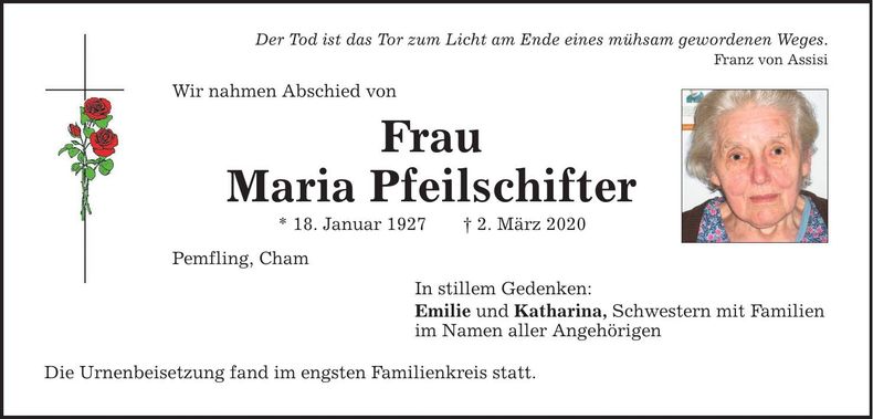 Traueranzeige Maria Pfeilschifter