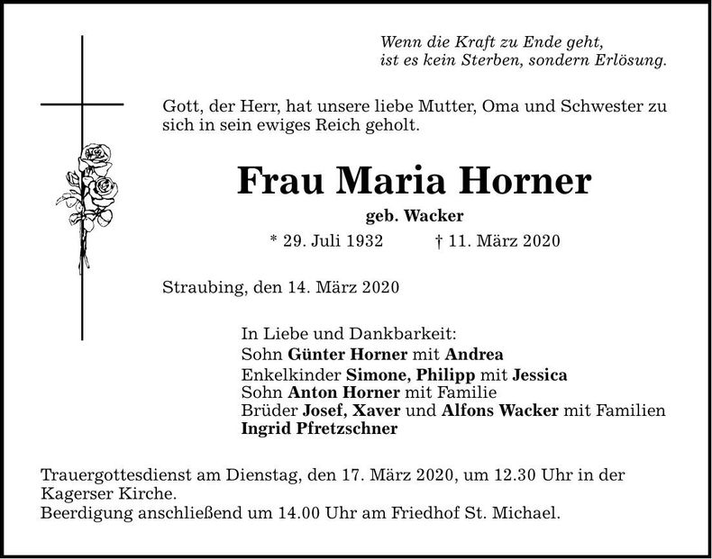 Traueranzeige Maria Horner