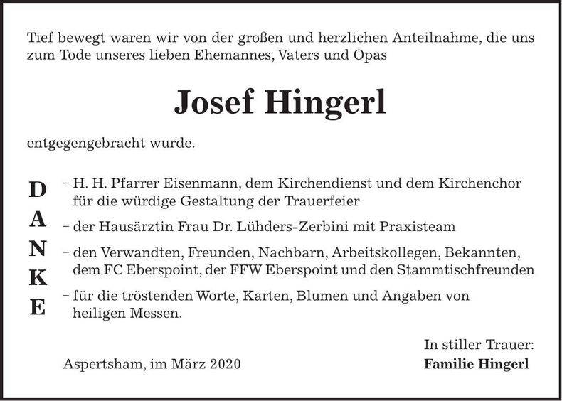Traueranzeige Josef Hingerl