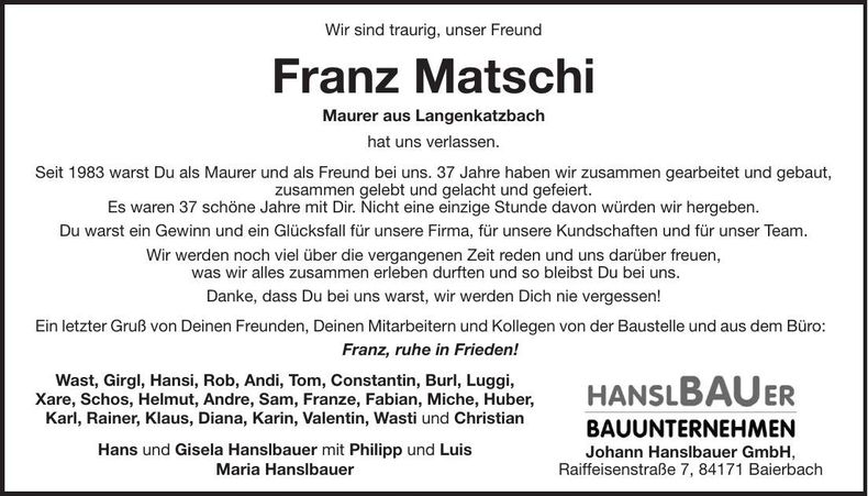 Traueranzeige Franz Matschi