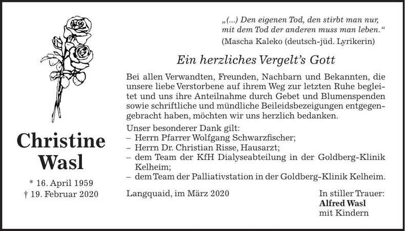 Traueranzeige Christine Wasl