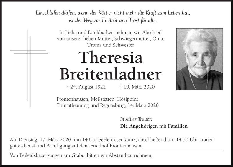 Traueranzeige Theresia Breitenladner