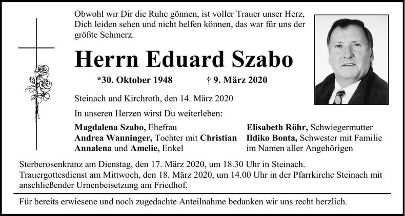 Traueranzeige Eduard Szabo