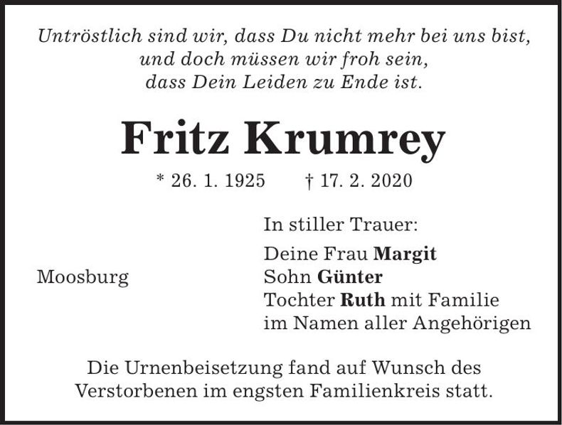 Traueranzeige Fritz Krumrey